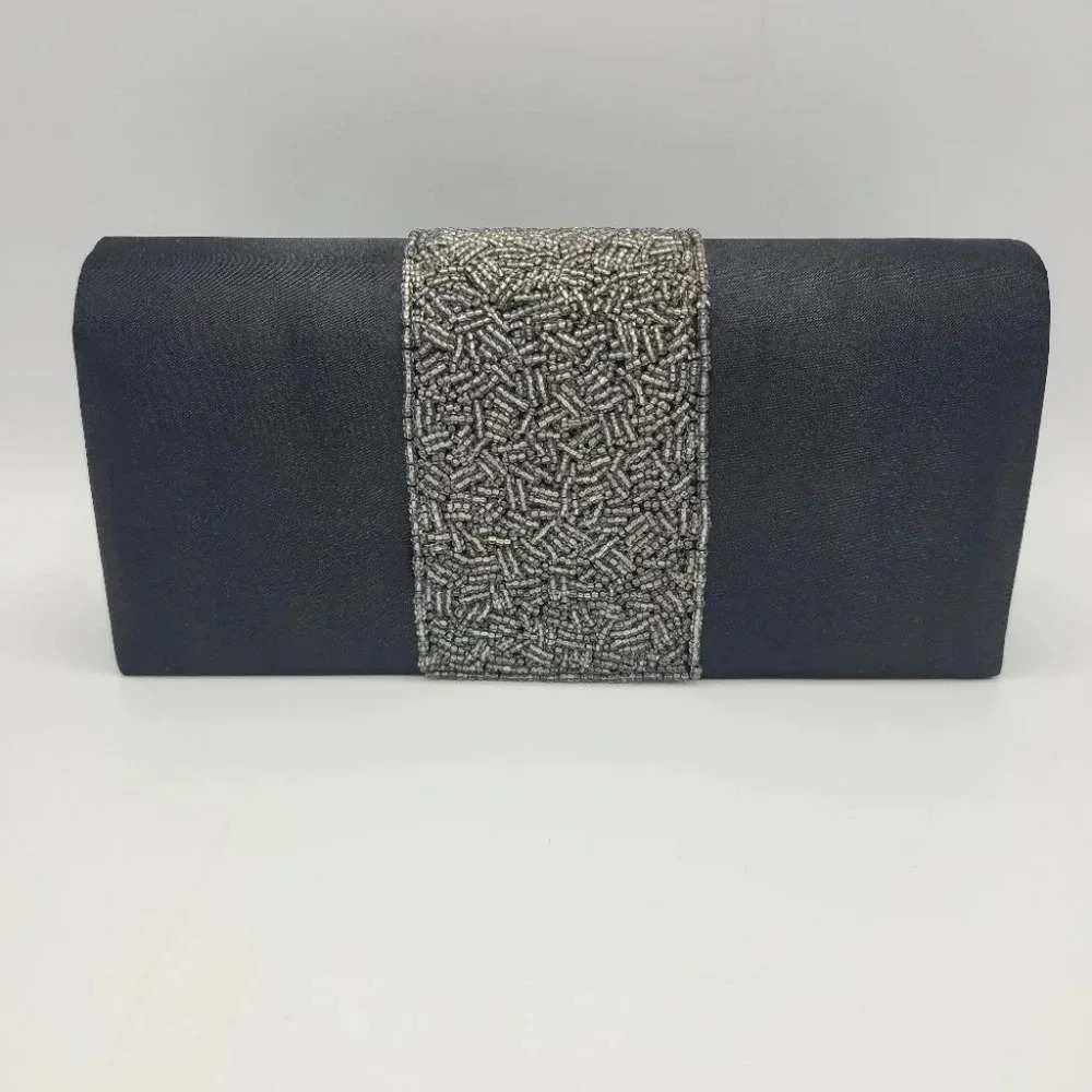Vintage Jessica McClintock Black Satin Clutch Evening Bag Silver Beaded Accent